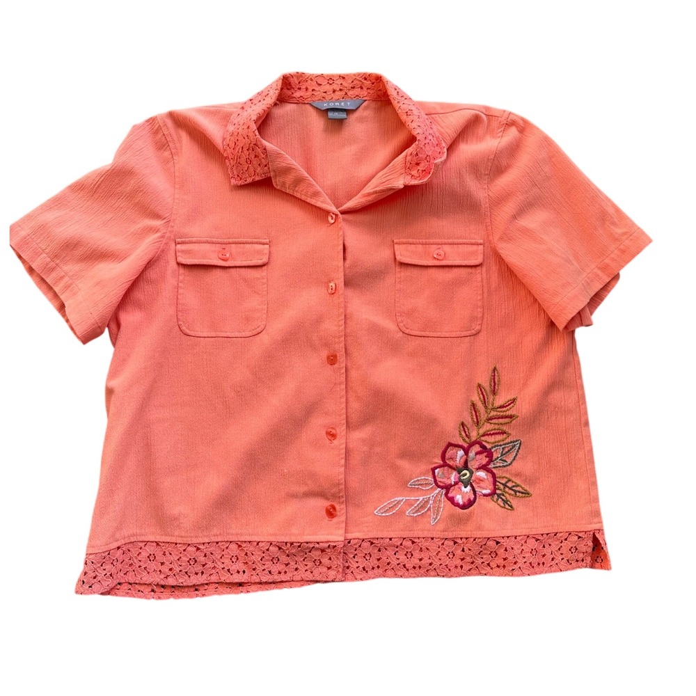 Koret Woman 2 Piece Set Coral Orange Lace Trim Embroidered Top Cropped Pants 18W